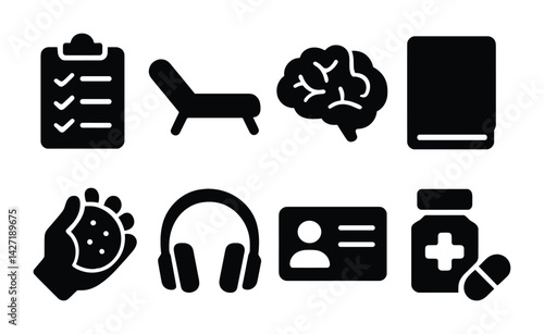 Healthcare and wellness icon set – solid style medical symbols for mental health and therapy: checklist, couch, brain, book, stress ball, headphones, id card, medication