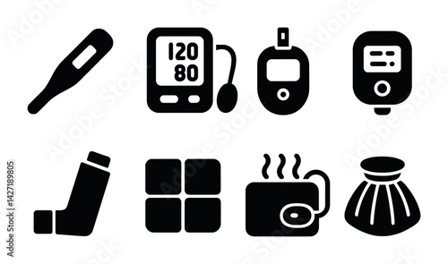 Healthcare and medical solid icons set – flat style health monitoring and treatment symbols: thermometer, blood pressure monitor, glucose meter, inhaler, heat pad, ice bag