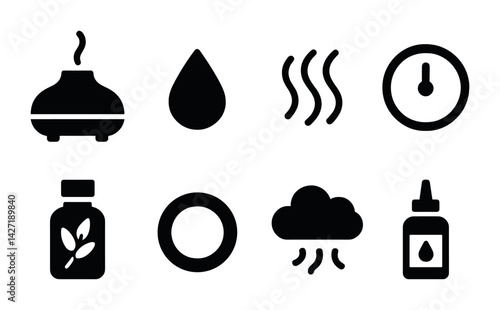 Aromatherapy and wellness icon set – solid style symbols for holistic health and relaxation: diffuser, essential oil drop, steam, timer, pill bottle, chakra, cloud, nasal spray