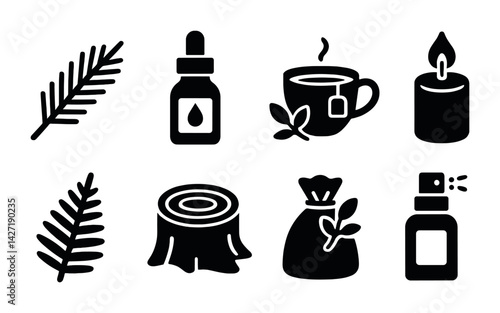 Wellness and relaxation icon set – silhouette style spa and aromatherapy symbols for self-care and calmness: leaf, essential oil, tea cup, candle, tree stump, herb sachet, spray bottle