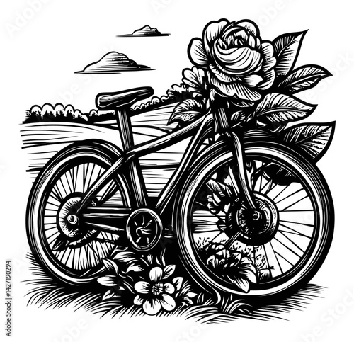 Black and White Bike Engraving with Flower Design Artwork