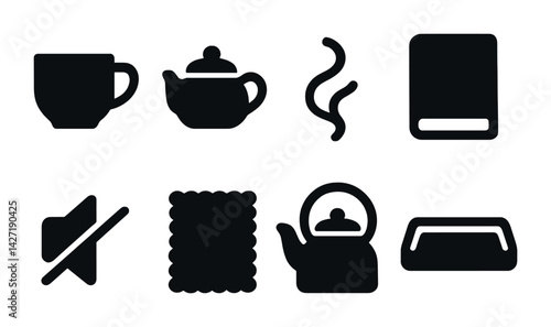 Tea and beverage solid icons set – filled style drink and refreshment symbols for cafe, afternoon tea, and relaxation: teacup, teapot, steam, book, biscuit, kettle, tray