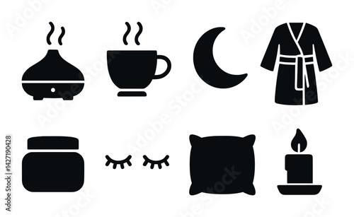 Bedtime and relaxation icon set – solid style sleep and meditation symbols for restful nights and calm evenings: diffuser, mug, moon, robe, pillow, candle, eye mask, jar