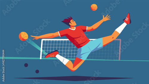 As the ball soars high above the net a player performs a gravitydefying scissor kick sending it flying back with incredible force in a game of Sepak. Vector illustration