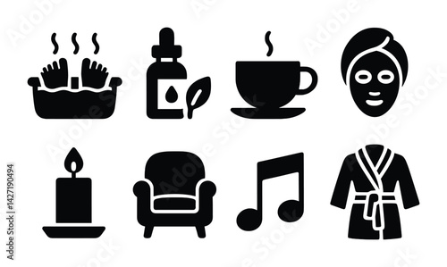 Wellness and relaxation solid icons set – filled style symbols for spa treatment, self-care, and tranquility: foot bath, essential oil, tea cup, face mask, candle, armchair, music note, bathrobe