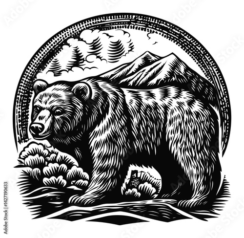 Detailed Black and White Engraving of a Grizzly Bear Standing Proudly