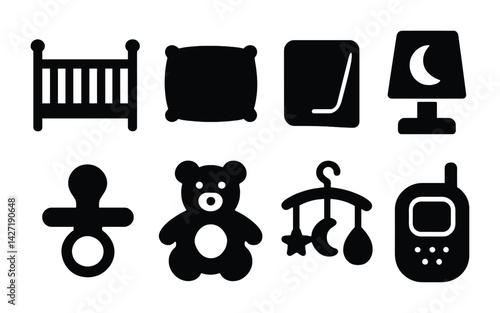 Baby essentials solid icons set – filled style newborn and nursery symbols: crib, pillow, baby book, night lamp, pacifier, teddy bear, mobile, baby monitor