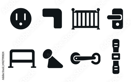 Home safety icon set – solid style household and protection symbols for residence security, child safety, and accident prevention: socket cover, corner guard, baby gate, door lock, rail, door stopper