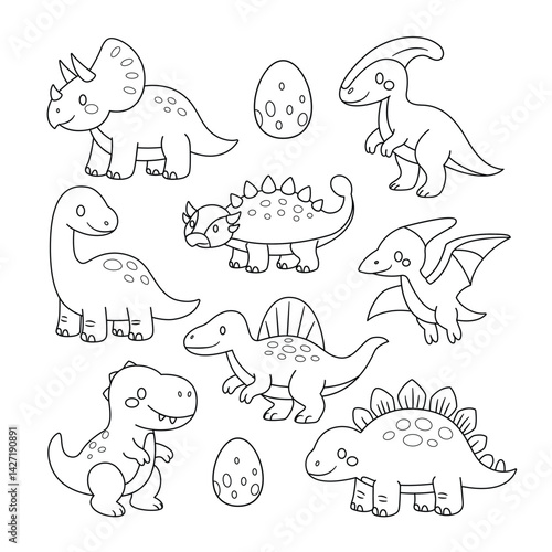 Cute baby dinosaurs outline doodle vector illustration