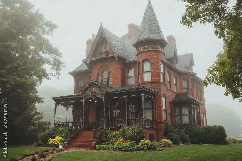 Mysterious Victorian Mansion in Misty Morning. Mysterious Victorian Mansion in Misty Morning.