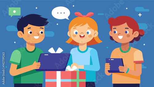 A trio of curious children discussing the top tech gifts for the holiday season based on their own research and reviews from other kids.. Vector illustration
