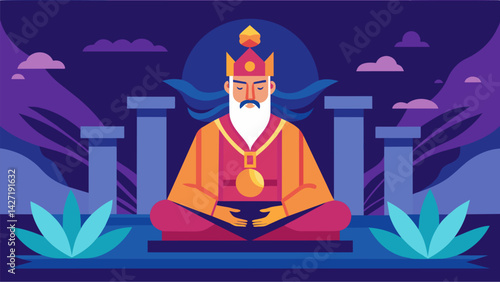 In the stillness of his personal temple the emperor meditates focusing his mind and cultivating inner strength and resilience.. Vector illustration
