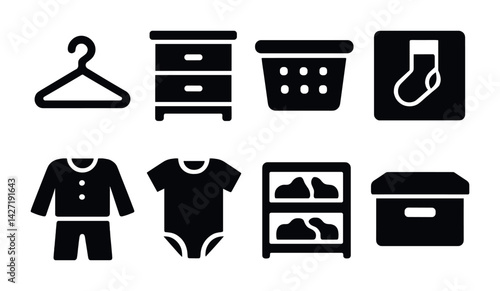 Laundry and closet solid icons set – filled style home organization symbols for cleaning, storage, and wardrobe: hanger, dresser, laundry basket, socks, pajamas, onesie, shoe rack, storage box