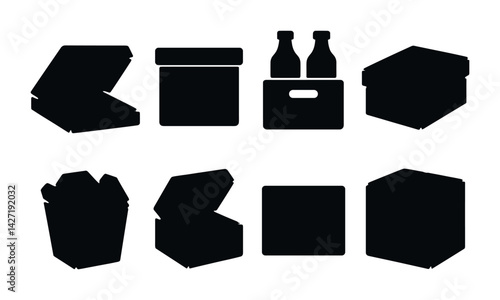 Food packaging solid icons set – flat style icons for container and packaging symbols: pizza box, jar, bottle crate, carton, takeout box, food can, cardboard box, package