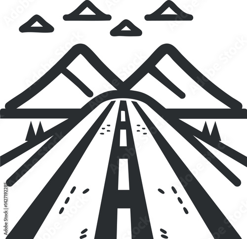 A minimalist illustration of a road leading towards mountains under a cloudy sky.