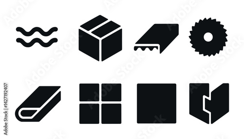 Construction materials icon set – solid style building and architecture symbols for construction design: wave, box, plank, circular saw, rolled sheet, tiles, wall panel, corner block