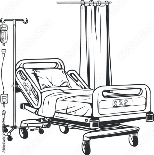 A hospital room featuring a medical bed with IV stand and curtains for patient privacy.