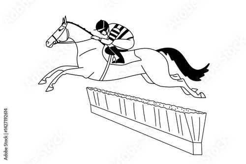 Jockey riding a jumping horse over an obstacle in a black and white line art style