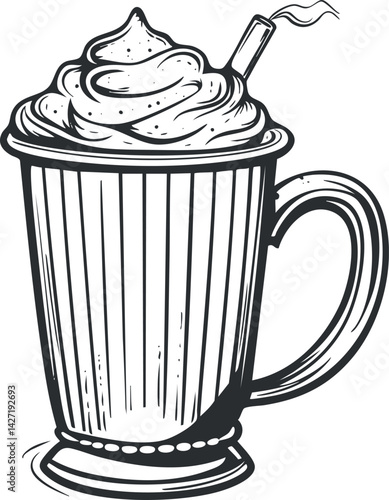 A vintage illustration of a delicious milkshake topped with whipped cream and a straw