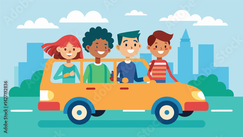 A group of students carpooling to class to save on gas and transportation costs.. Vector illustration