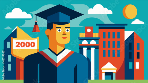 An advertit for a college tour in the early 2000s promoting the high job prospects and earning potential of graduates to justify the expensive. Vector illustration