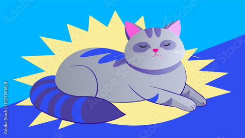 A fluffy grey cat lounging in a sunny spot with a predominantly blue and purple heat pattern highlighting possible muscle soreness.. Vector illustration