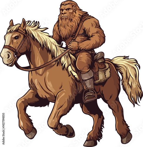 Bigfoot Riding Horse Vector Illustration on Transparent Background