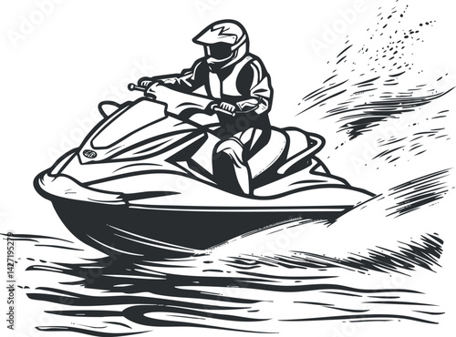 A dynamic illustration of a rider on a jet ski speeding across the water's surface.