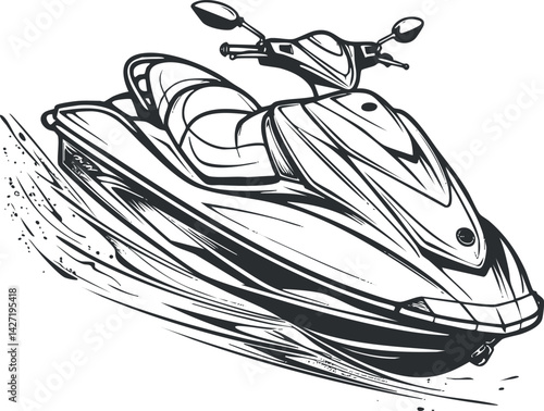 Stylized black and white illustration of a speeding jet ski on water.