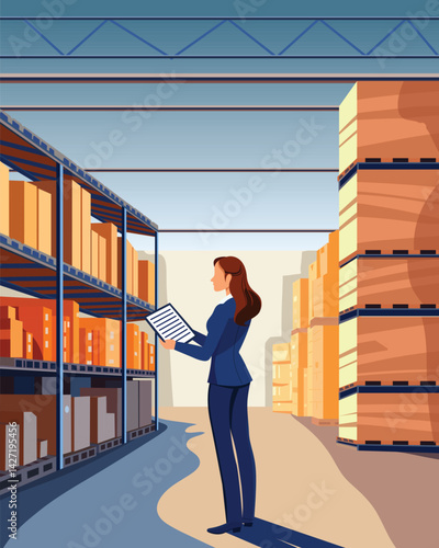 A formally dressed woman checks documents in front of warehouse shelves filled with boxes, in a bright industrial setting.