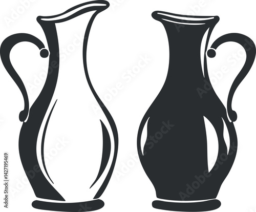 Two elegant decorative pitchers in black and white showcasing traditional ceramic design.
