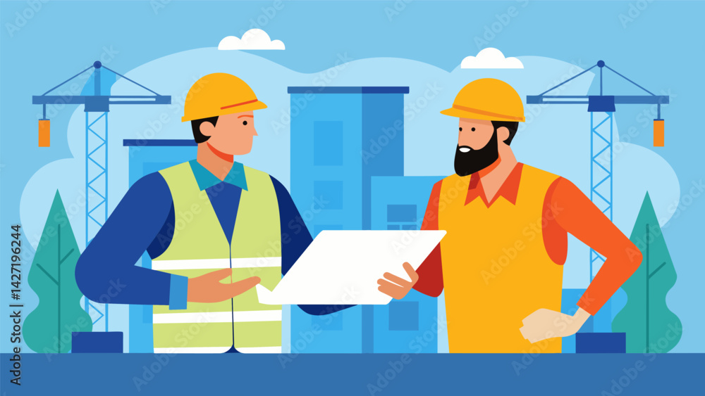 In a bustling construction site a pair of architects stand ast the chaos intently examining a blueprint as they make crucial decisions about the. Vector illustration In a bustling construction site a pair of architects stand ast the chaos intently examining a blueprint as they make crucial decisions about the. Vector illustration