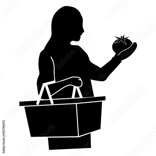 トマトを手にしてる買い物客のシルエットイラスト