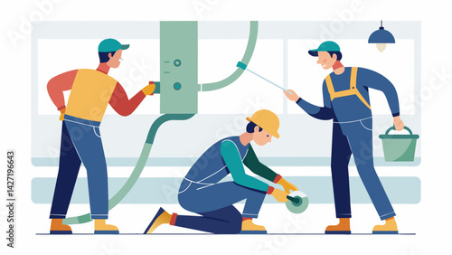 The team carefully sealing joints and connections to prevent any air leaks or moisture infiltration in the system.. Vector illustration