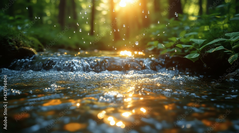 Fototapeta premium Glistening Stream in Forest with Sunlight Reflecting on the Water, Showcasing Nature's Beauty and Tranquility