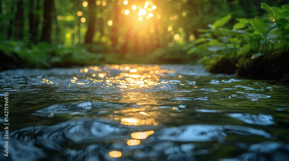 Fototapeta premium Crystal clear stream reflects sunlight in lush green forest at dusk