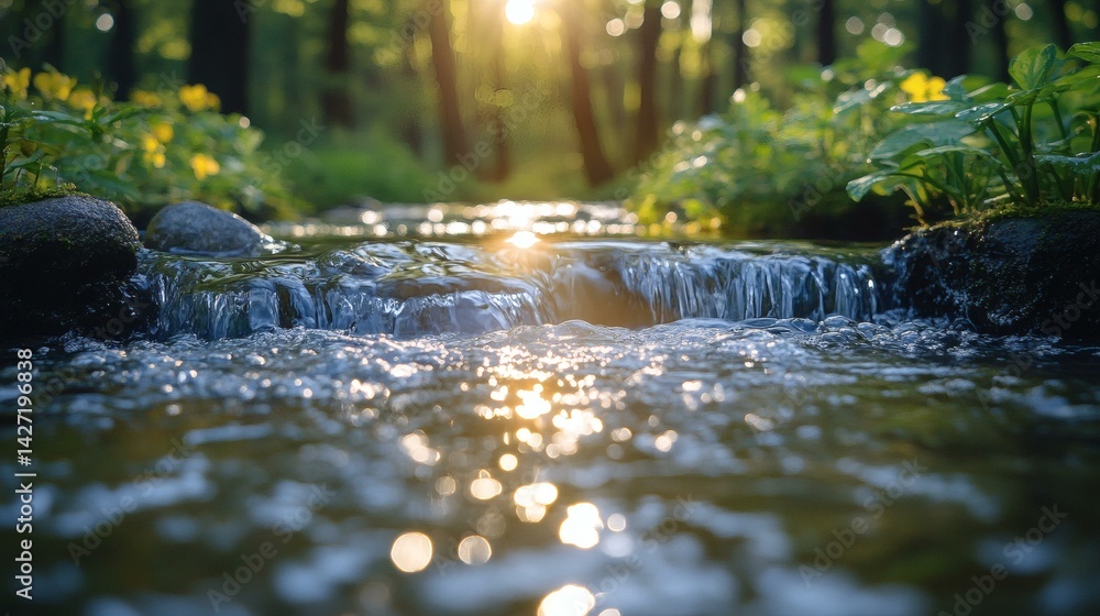 Fototapeta premium Sunlight Reflecting on Crystal Clear Forest Stream with Mossy Rocks and Yellow Flowers