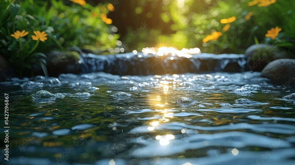 Fototapeta premium Crystal clear stream reflecting sunlight flowing through a lush garden