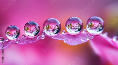 The intricate details of a pink flower's petals are revealed in a close-up, where tiny water droplets create miniature worlds that reflect the soft and ethereal aspects of the natural world