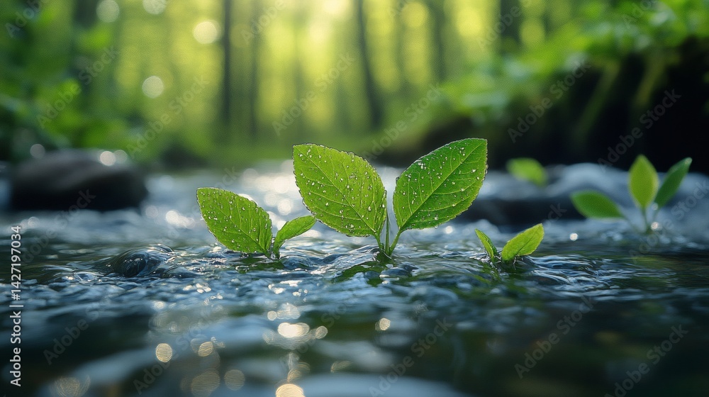 Spring Stream in Nature with Young Plants Growing on Rocks, Sparkling Reflections in Water, a Scenic Landscape Spring Stream in Nature with Young Plants Growing on Rocks, Sparkling Reflections in Water, a Scenic Landscape