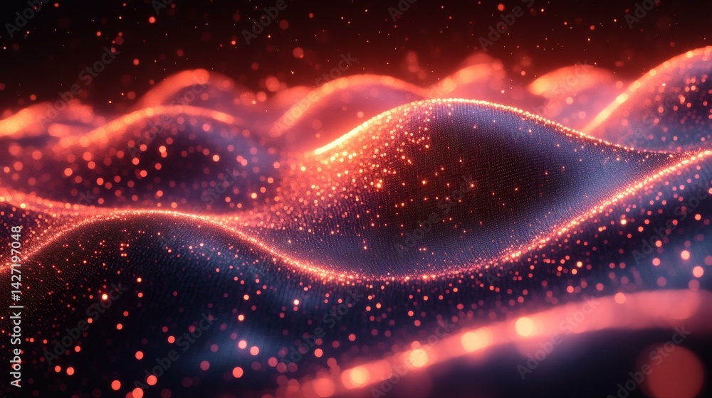 Abstract wave of glowing particles creating an ethereal digital landscape for technology, science, and education applications Abstract wave of glowing particles creating an ethereal digital landscape for technology, science, and education applications