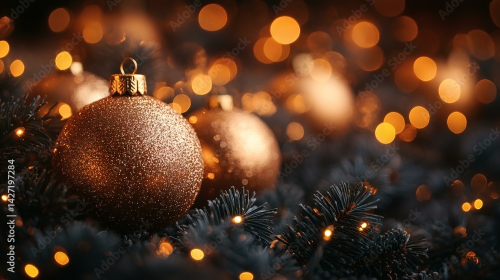 Elegant Christmas Decor: Sparkling Gold Baubles on Dark Pine with Bokeh Lights for Festive Winter Holiday Season Elegant Christmas Decor: Sparkling Gold Baubles on Dark Pine with Bokeh Lights for Festive Winter Holiday Season