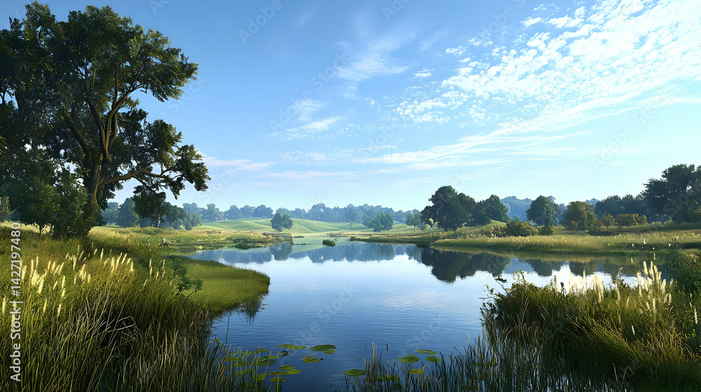 Fototapeta premium Tranquil Country River Landscape With Trees And Grassy Meadow