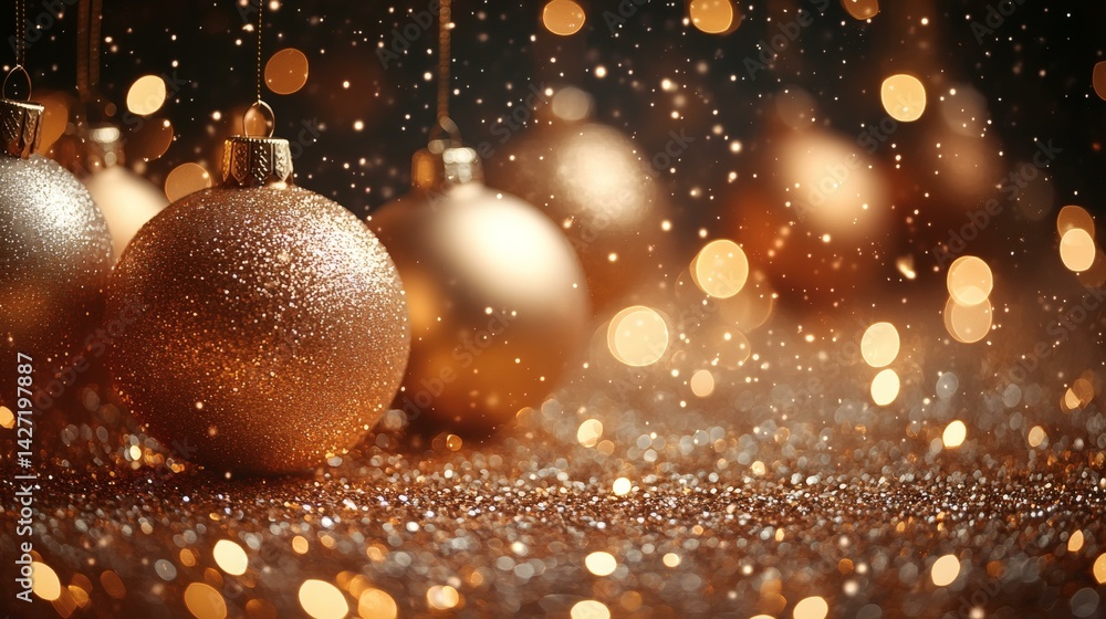 Shimmering Gold Christmas Ornaments and Bokeh Lights Create a Festive Holiday Background Shimmering Gold Christmas Ornaments and Bokeh Lights Create a Festive Holiday Background