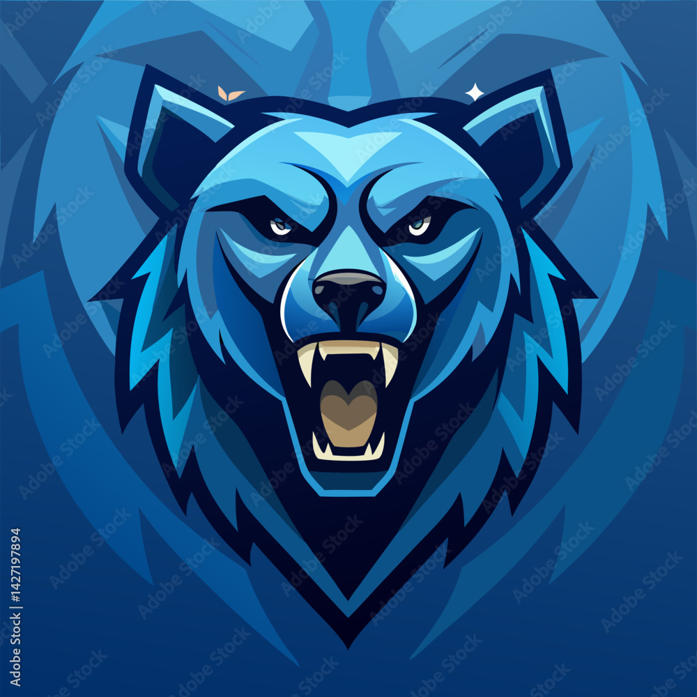 Roaring Blue Bear Mascot: A fierce, stylized blue bear mascot with its mouth open in a roar, set against a dark blue background with subtle wolf-like shapes. Perfect for gaming, sports, or branding. Roaring Blue Bear Mascot: A fierce, stylized blue bear mascot with its mouth open in a roar, set against a dark blue background with subtle wolf-like shapes. Perfect for gaming, sports, or branding.