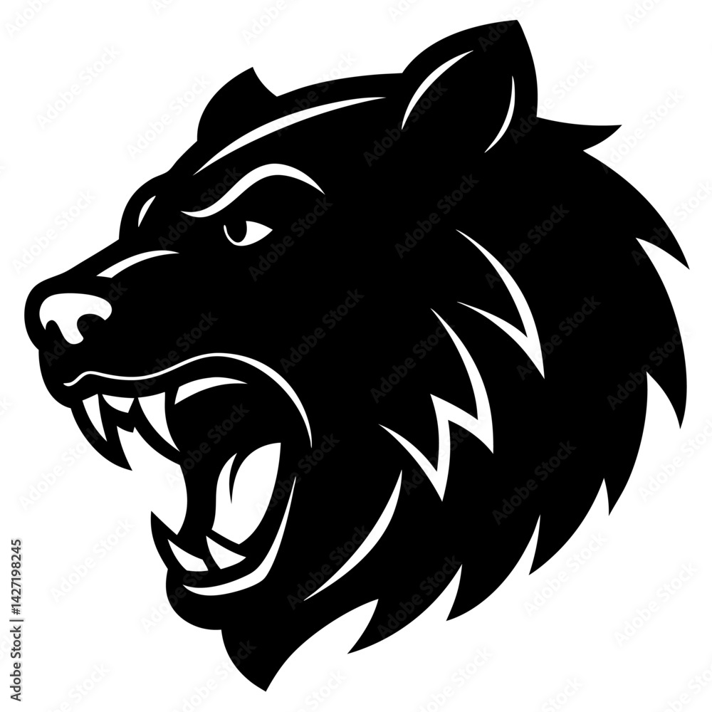 Obraz premium Fierce Bear Silhouette: A striking, high-contrast black silhouette of a snarling bear, showcasing its sharp teeth and intense gaze. A powerful illustration of wildlife.