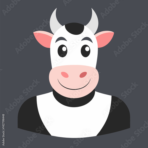 Happy Cow Cartoon Avatar: A cartoon avatar of a cheerful cow, with large, round eyes and a wide, friendly smile.  The cow is depicted in a simple, flat style.
