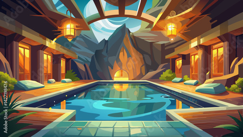Very beautiful Luxurious indoor swimming pool inside a mountain cave with warm lighting