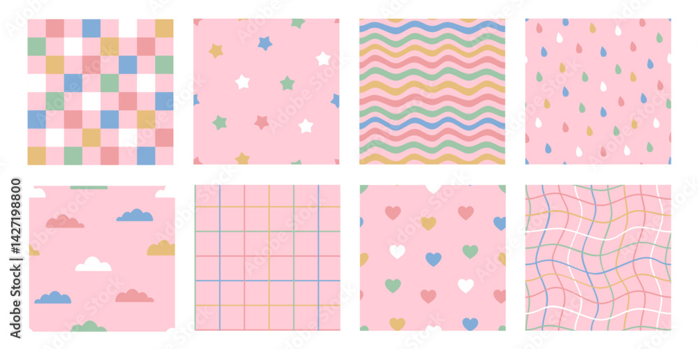 Seamless patterns set with stripes, cells, hearts, stars, drops, waves, clouds. Cute backgrounds for kids or fabric. Funky hippie fashion textile print, retro background. Vector illustration Seamless patterns set with stripes, cells, hearts, stars, drops, waves, clouds. Cute backgrounds for kids or fabric. Funky hippie fashion textile print, retro background. Vector illustration