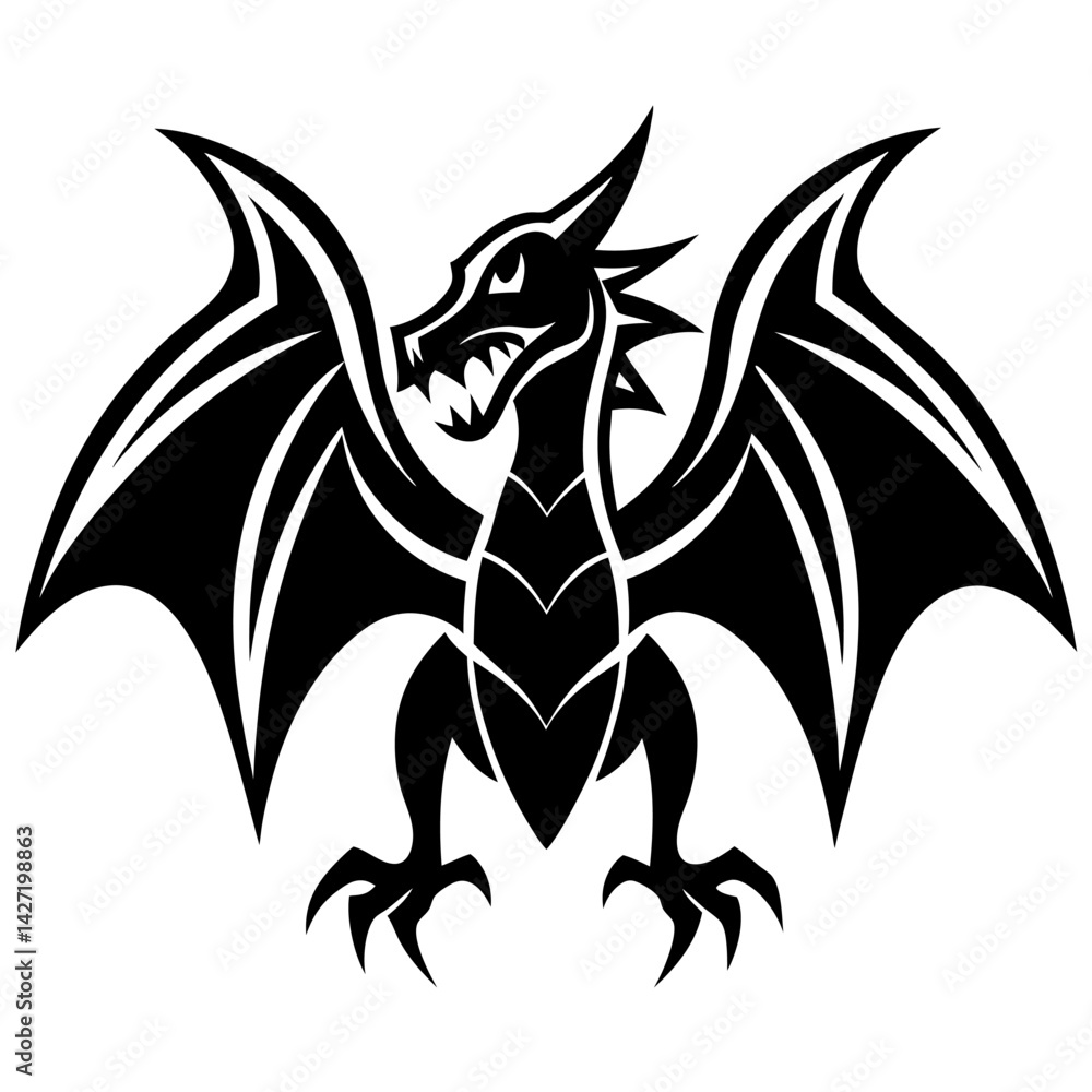 Obraz premium Mythical Guardian: A striking black illustration of a majestic dragon with spread wings, embodies power and protection, a classic representation of mythical creatures.